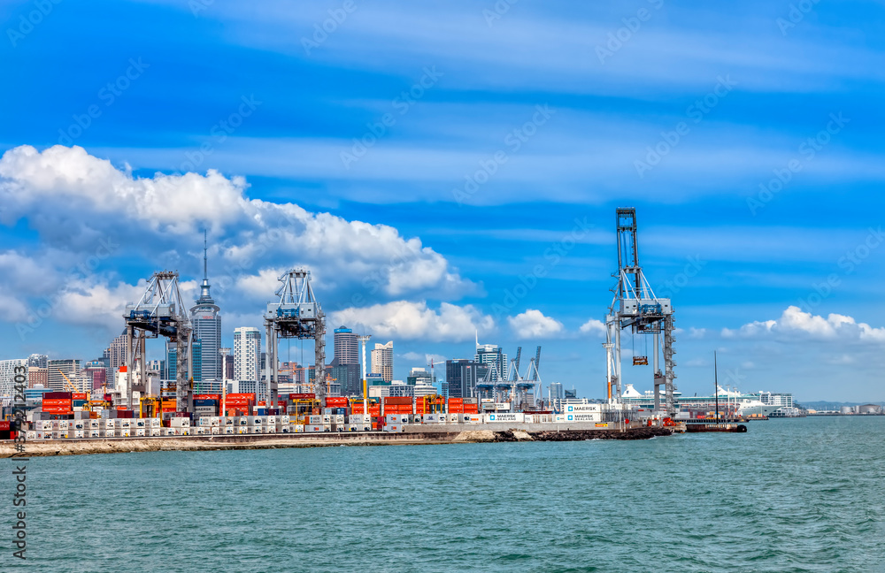 Commercial dock and skyline of Auckland, North Island, New Zealand