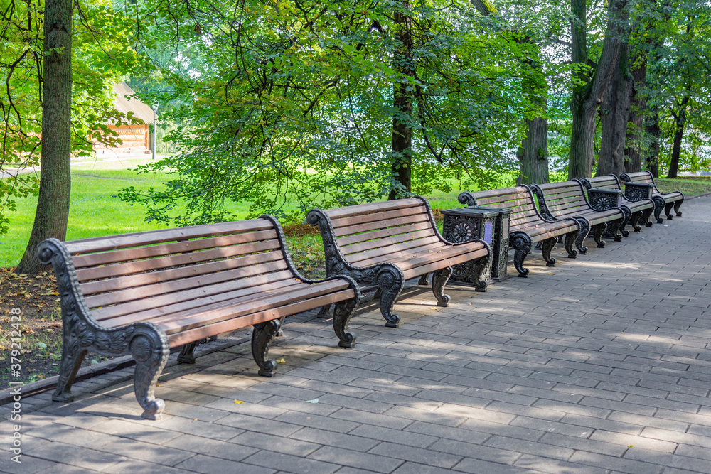 A recreation bench made of boards and wrought iron in a city park in summer