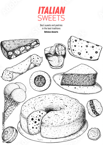 Italian dessert vector illustration. Italian sweet hand drawn sketch. Baking collection. Vintage design template. Panforte, cannoli, bombolone, ciambellone, affogato, torta caprese, panettone sketch.