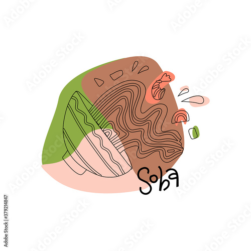 Buckwheat noodles in bowl with shrimps. Concept of asian fastfood, wok cooked, cafe emblem, spice vegetarian. isolated on white background with abstract shapes. Vector design.