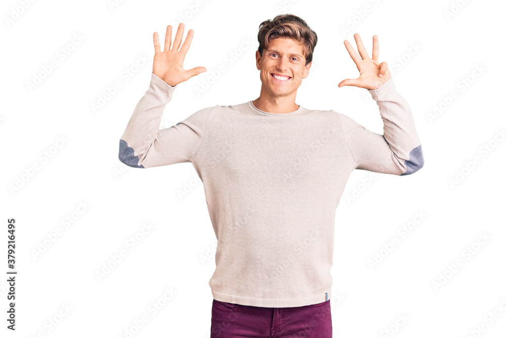 Young handsome man wearing casual clothes showing and pointing up with fingers number nine while smiling confident and happy. Young handsome man wearing casual clothes showing and pointing up with fingers number nine while smiling confident and happy.