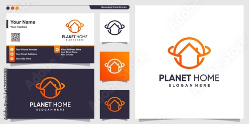 Planet logo with home line art style and business card design, house, modern, Premium Vector