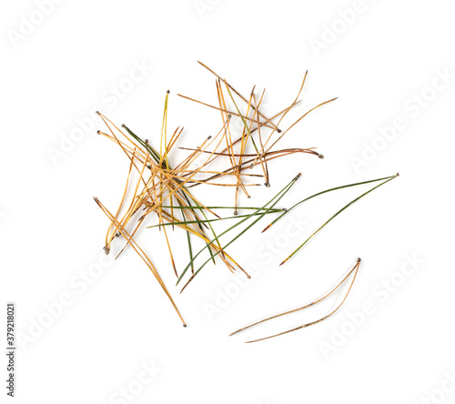 Heap of pine needles isolated on white background