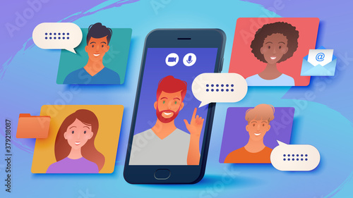 Video conference call of a business group meeting via smartphone. Remote work. Work from home, Freelance work, Online webinar. Online technology concept vector illustration.