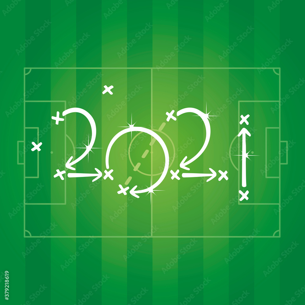 2021 New Year Soccer strategy arrows green field background 2021 New Year Soccer strategy arrows green field background