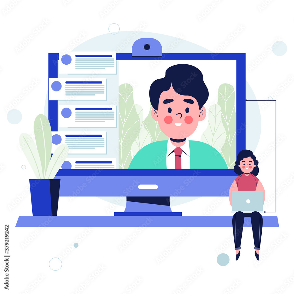 Businessman and businesswoman video call on computer and laptop during quarantine concept. Flat design vector illustration Businessman and businesswoman video call on computer and laptop during quarantine concept. Flat design vector illustration
