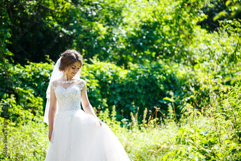 Happy girl bride in a long white wedding dress and in a veil swirl in a green park on nature. Happy girl bride in a long white wedding dress and in a veil swirl in a green park on nature.