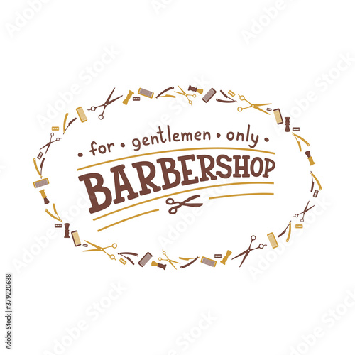 Vector illustration of barbershop lettering for banner, leaflet, poster, clothes, logo, advertisement design. Handwritten text for template, signage, billboard, printing, price list of the barbers
