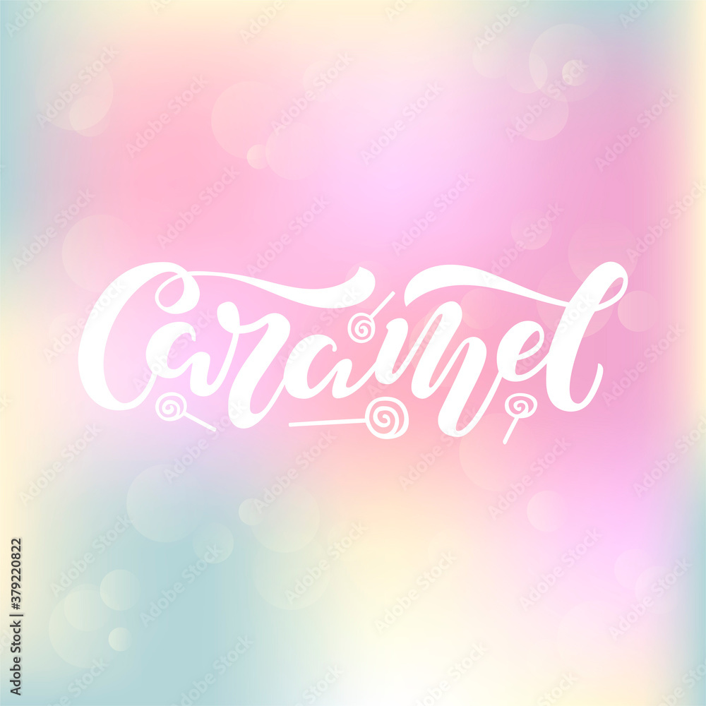 Vector illustration of caramel brush lettering for banner, leaflet, poster, clothes, confectionary or patisserie logo, advertisement design. Handwritten text for template, signage, billboard, print. 
