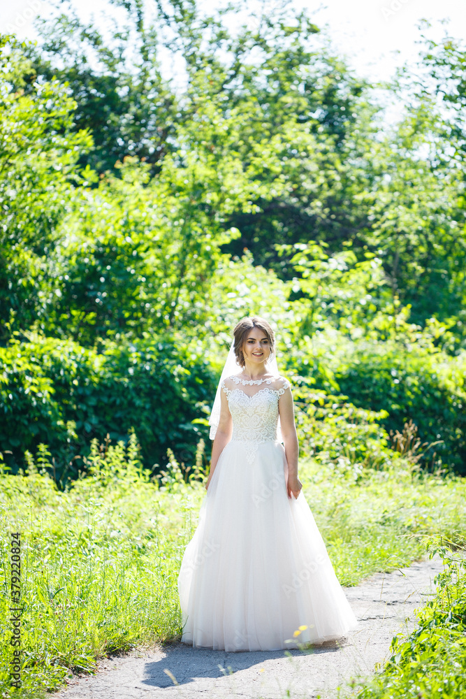 Happy bride in a long white wedding dress and veil in a green park on nature. Wedding image of a young girl, women's makeup and hairstyle. Marriage concept Happy bride in a long white wedding dress and veil in a green park on nature. Wedding image of a young girl, women's makeup and hairstyle. Marriage concept