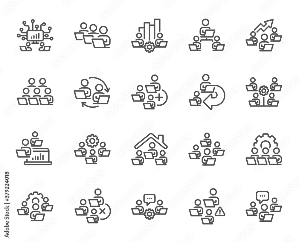 Teamwork line icons. Working at home, online team worker, remote office. Artificial intelligence, growth chart, online home job line icons. Remote team work, people study, programmers. Vector