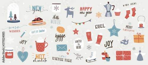 Collection of Christmas decorations, holiday gifts, winter knitted woolen clothes, ginger bread, trees, gifts and penguin. Colorful vector illustration in flat cartoon style.