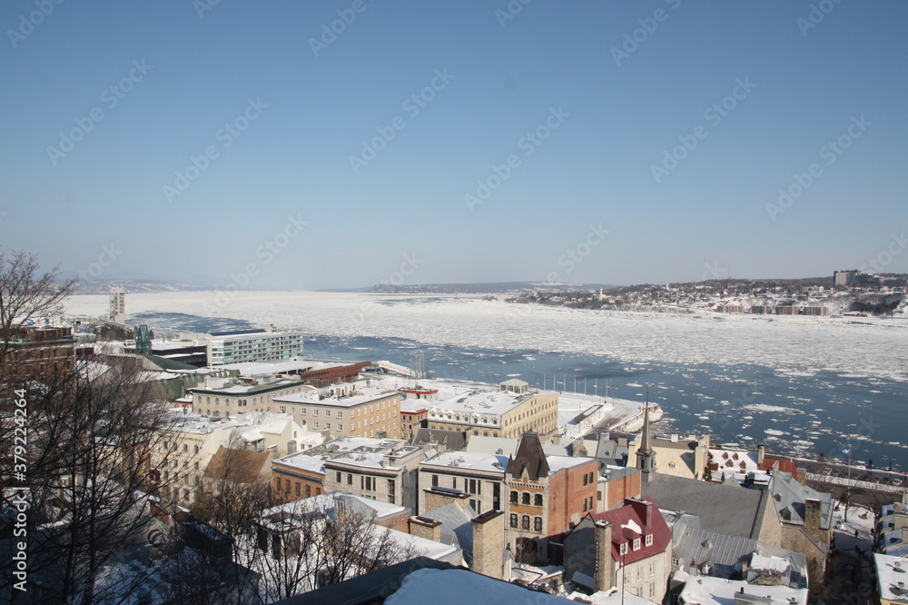 View on Quebec city, panorama of st Lawrence river, from Frontenac Castle in Old Quebec city, Canada.