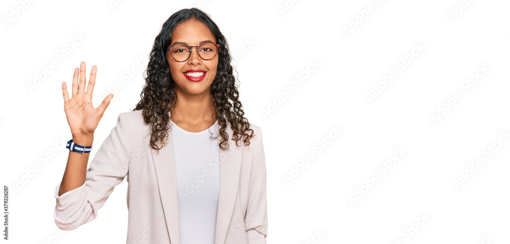 Young african american girl wearing business clothes showing and pointing up with fingers number five while smiling confident and happy. Young african american girl wearing business clothes showing and pointing up with fingers number five while smiling confident and happy.