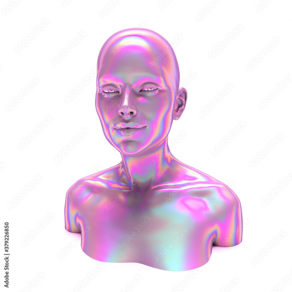 Holographic human bust, robotic head made of glossy iridescent material ...