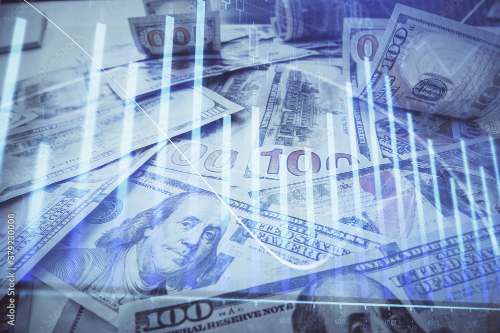 Naklejka premium Multi exposure of forex chart drawing over us dollars bill background. Concept of financial success markets.