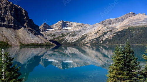 Scenic view of Bow Lake on the Icefields Parkway in Banff National Park and Jasper National Park