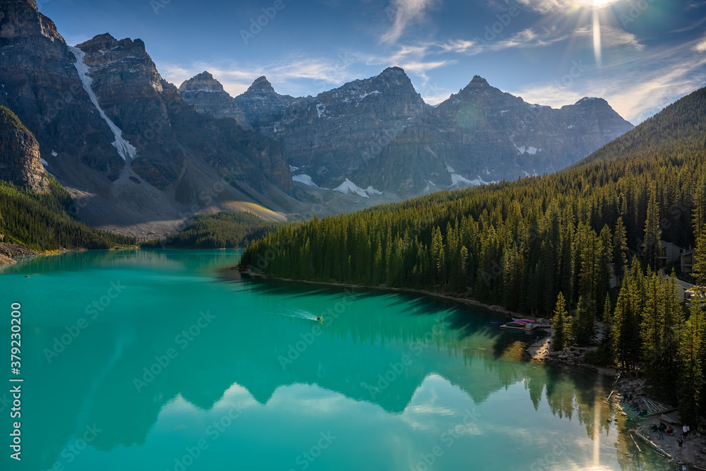 Kayaking, canoeing on the iconic Moraine Lake, which is one of the most popular travel destination and outdoor activity in Banff National Park of Canada