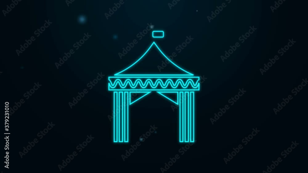 Glowing neon line Camping tent icon isolated on black background. Carnival camping tent. Amusement park. 4K Video motion graphic animation Glowing neon line Camping tent icon isolated on black background. Carnival camping tent. Amusement park. 4K Video motion graphic animation