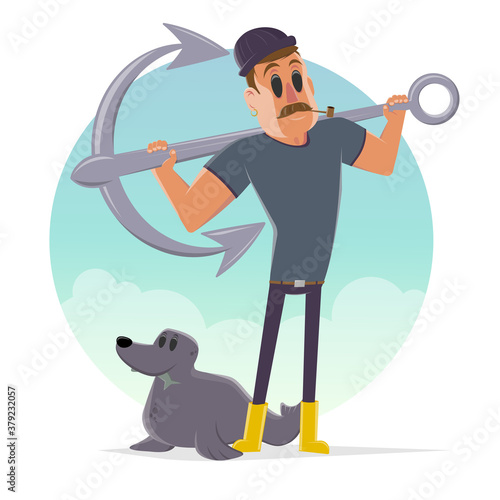 funny cartoon illustration of a sailor with anchor and seal