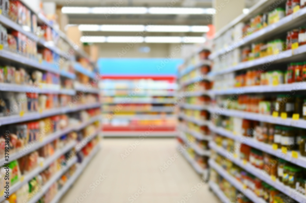 Supermarket showcases. Blurred background on the theme of trade
