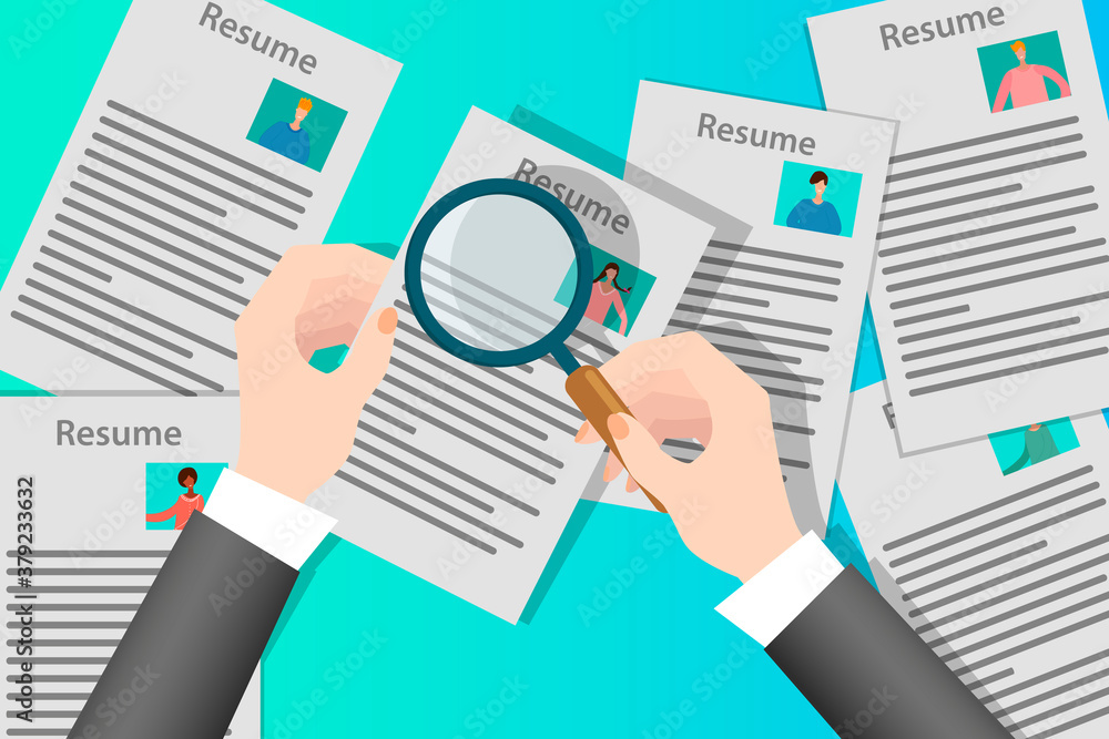 Personnel selection.The businessman goes through and studies the profiles and resumes of potential employees.The concept of hiring new employees.Flat vector illustration. Personnel selection.The businessman goes through and studies the profiles and resumes of potential employees.The concept of hiring new employees.Flat vector illustration.