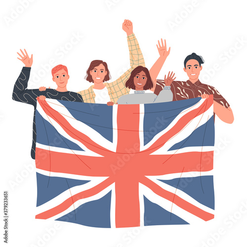 Group of people are holding the British flag. Learn English