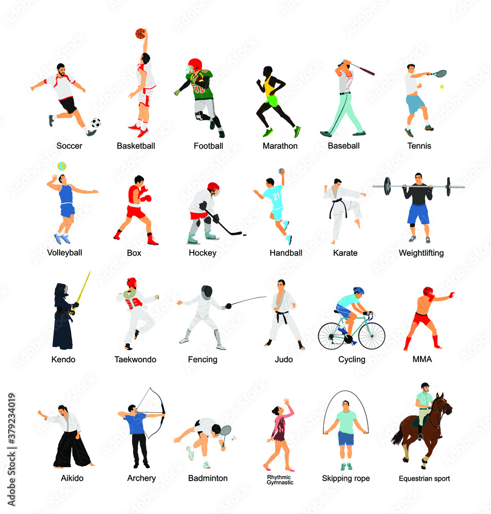 Sport man vector collection in different sport discipline. Big set active sport people illustration. Athlete skills. Health care concept. Training and work out in gym or outdoor.
