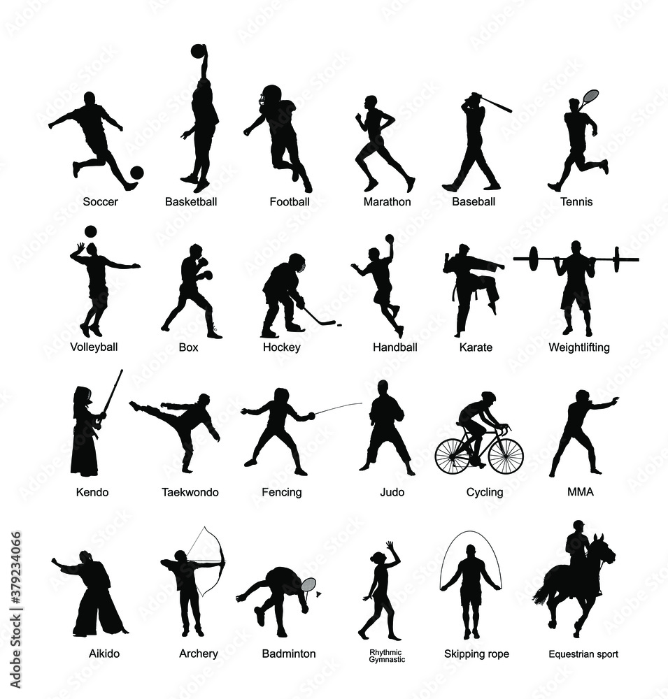Sport man vector silhouette collection in different sport discipline. Big set active sport people illustration. Athlete skills. Health care concept. Training and work out in gym or outdoor.
