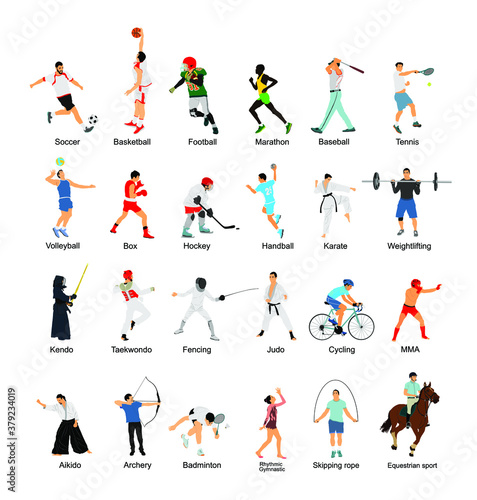 Sport man vector collection in different sport discipline. Big set active sport people illustration. Athlete skills. Health care concept. Training and work out in gym or outdoor.