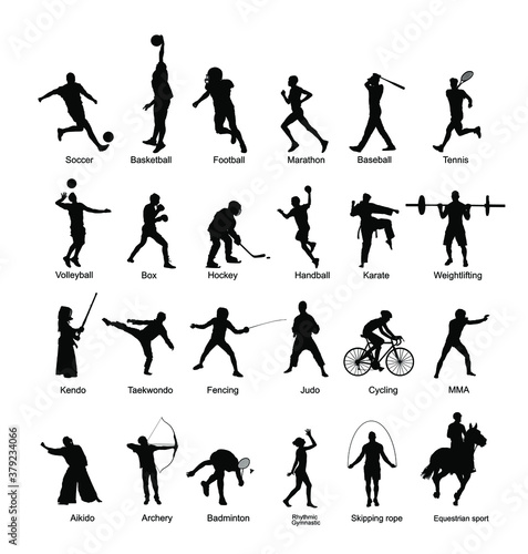 Sport man vector silhouette collection in different sport discipline. Big set active sport people illustration. Athlete skills. Health care concept. Training and work out in gym or outdoor.