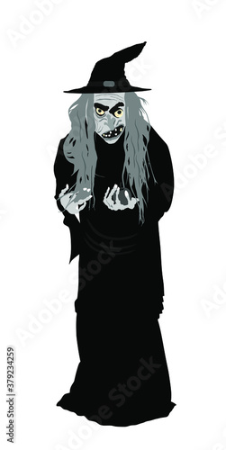 Old witch with poison red apple vector illustration isolated on white background. Halloween, bogeyman. Walpurgis night. Black magic lady. Horror and horrible night nightmare. legend and fairy tale.