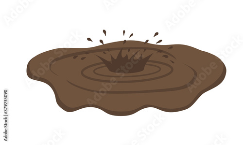 Puddle of mud with splash. Dirty brown stain on white background. Vector illustration in flat cartoon style