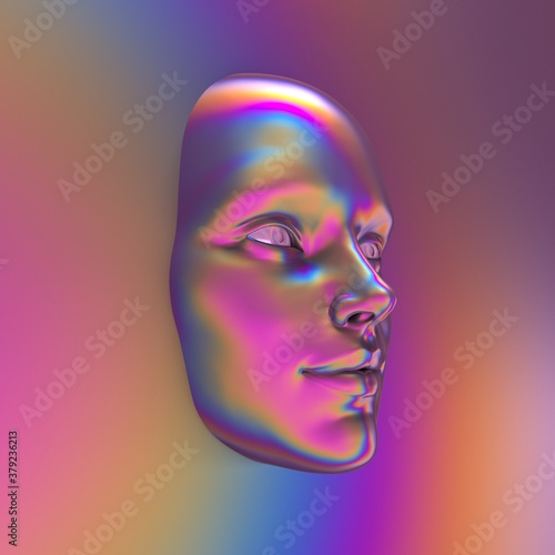 Abstract 3D render illustration of holographic human face in the wall, robotic head made of glossy iridescent material. Artificial intelligence concept. photo