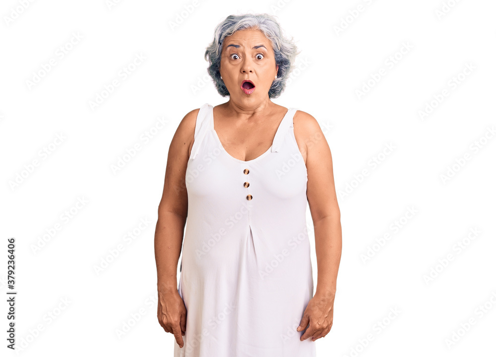 Senior woman with gray hair wearing casual clothes afraid and shocked with surprise expression, fear and excited face. Senior woman with gray hair wearing casual clothes afraid and shocked with surprise expression, fear and excited face.