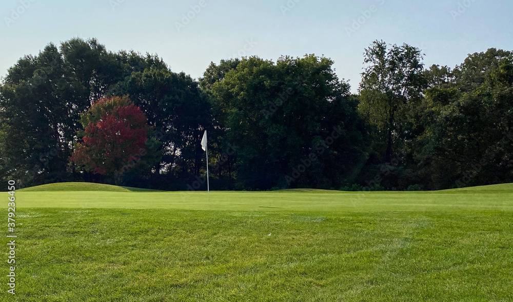 golf course red leaves late summer early autumn green white flag golf course red leaves late summer early autumn green white flag