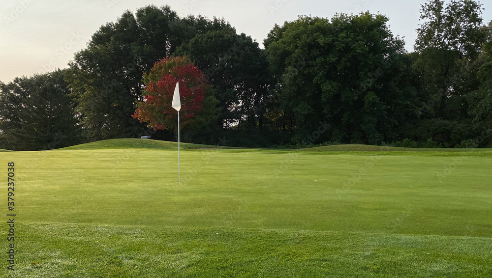 Obraz premium late summer early autumn golf course green red leaves on tree white flag