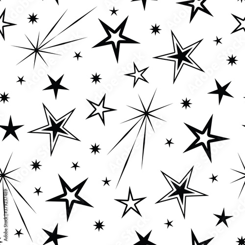 Vector White with Black Stars Geometric seamless repeat pattern background. Modern design with various star elements. Good for packaging  stationery  Christmas products