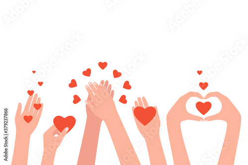People hands clapping, love, congratulate, good feedback, thanks. Women hands send hearts, like. Concept of charity, donation, help. Hands gesture give and share your love. Vector illustration
