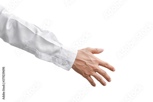 Gesture of man hand in white shirt isolated on white background, with clipping path.