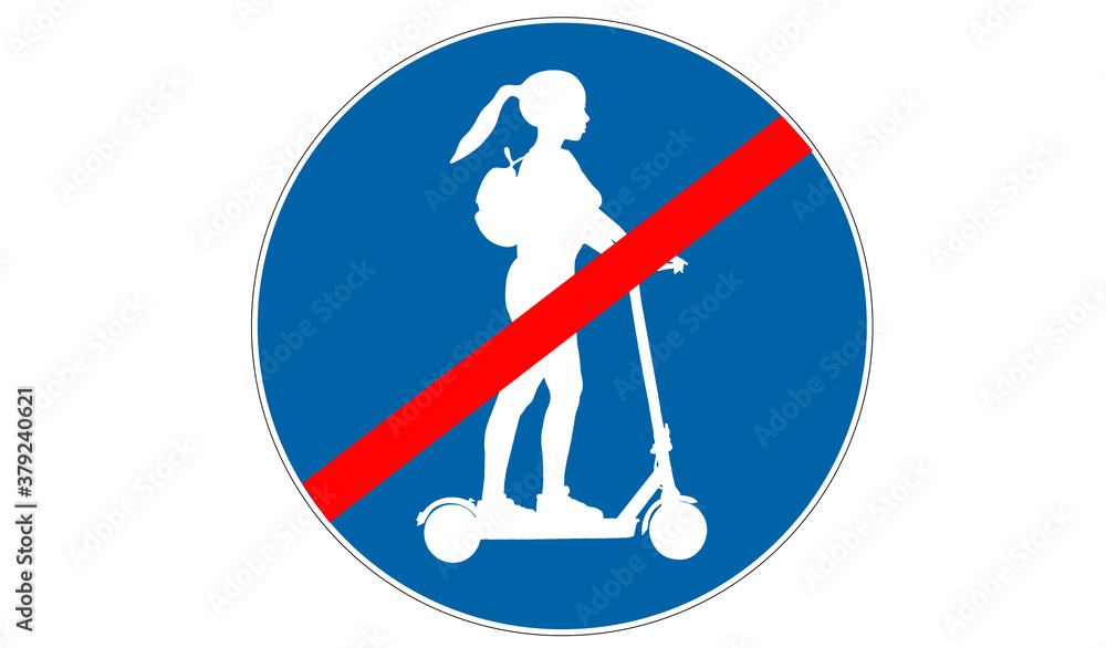 Road sign forbidding electric scooter. Image of a woman on electric scooter with a backpack. blue road sign. Illustration of not allowed electric scooter. sign in flat style Road sign forbidding electric scooter. Image of a woman on electric scooter with a backpack. blue road sign. Illustration of not allowed electric scooter. sign in flat style