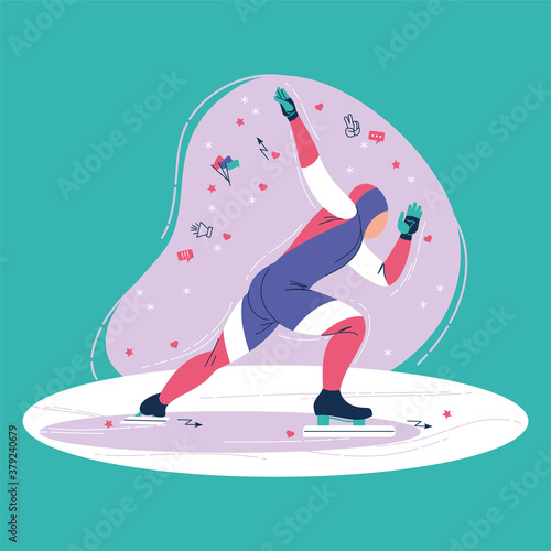 Skater on ice. Vector illustration isolated on a turquoise background. Postcard, poster, banner