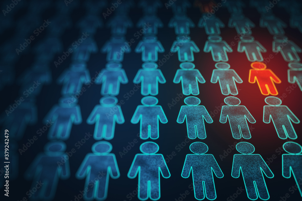 Obraz premium Silhouettes of 3d people and one infected with coronavirus.