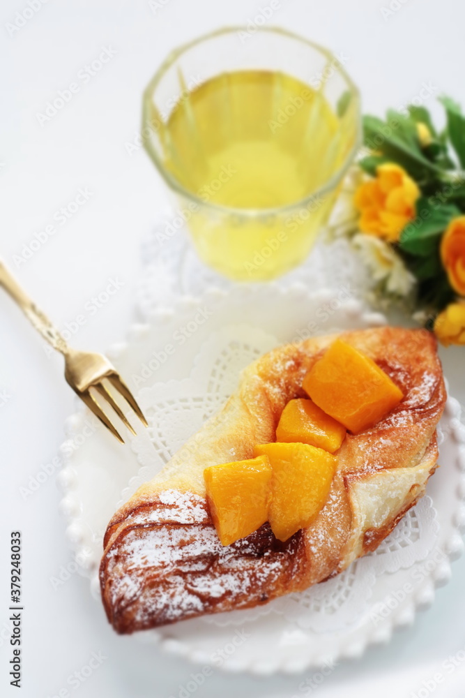 mango pastry and drink for breakfast 
