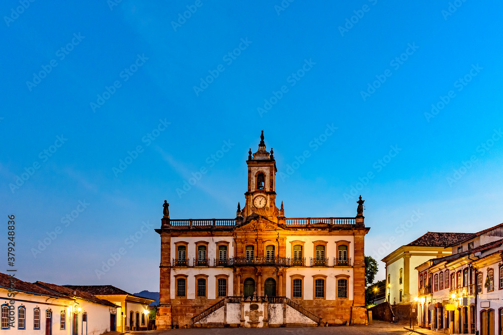 Ouro Preto central square with its historic buildings, houses and monuments in 18th century Baroque and colonial architecture