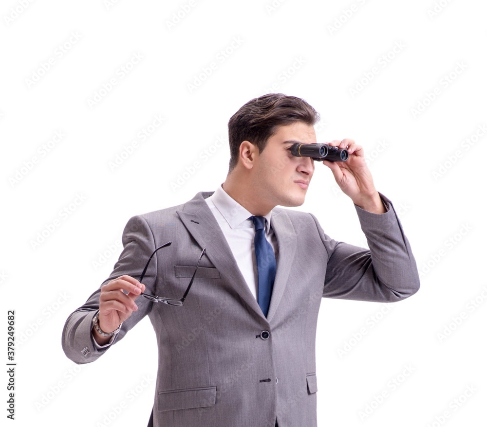 Young man with binoculars isolated on white Young man with binoculars isolated on white
