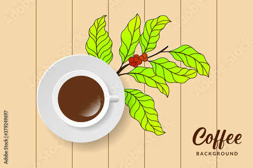 Coffee vector illustration. Coffee cup background design with coffee tree illustration. Paper art