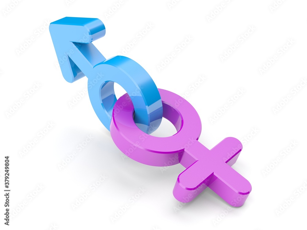 Gender symbols isolated on white background. Male and female. Pink and blue. 3d illustration. Gender symbols isolated on white background. Male and female. Pink and blue. 3d illustration.