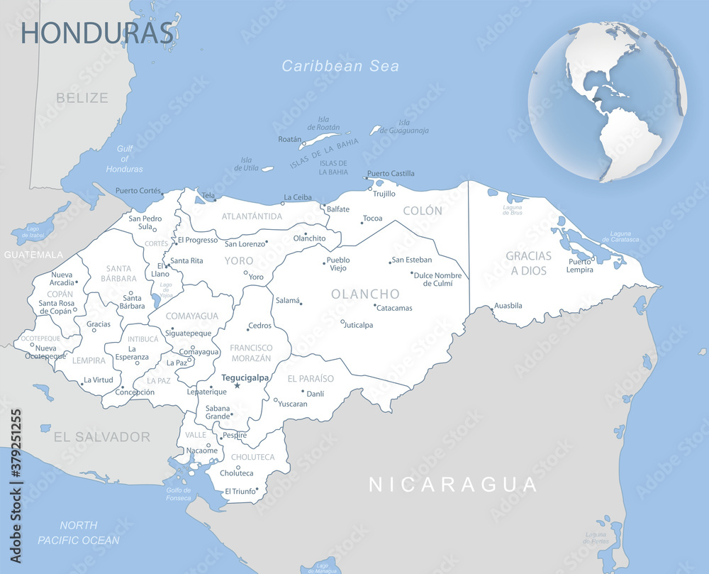 Blue-gray detailed map of Honduras administrative divisions and location on the globe.