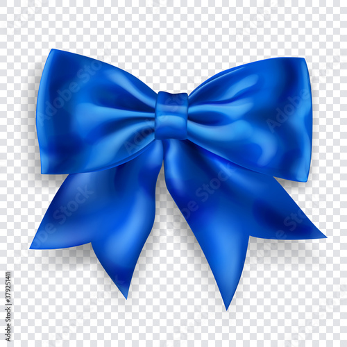Beautiful big bow made of blue ribbon with shadow on transparent background. Transparency only in vector format